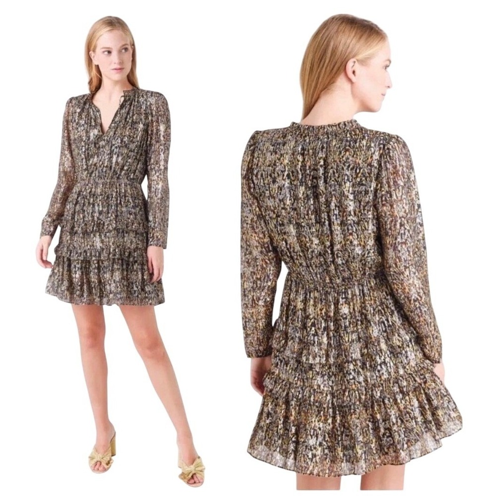 ba&sh Glen Mini Dress Women L 8 Khaki Gold NEW Silk Blend‎ Metallic Tiered